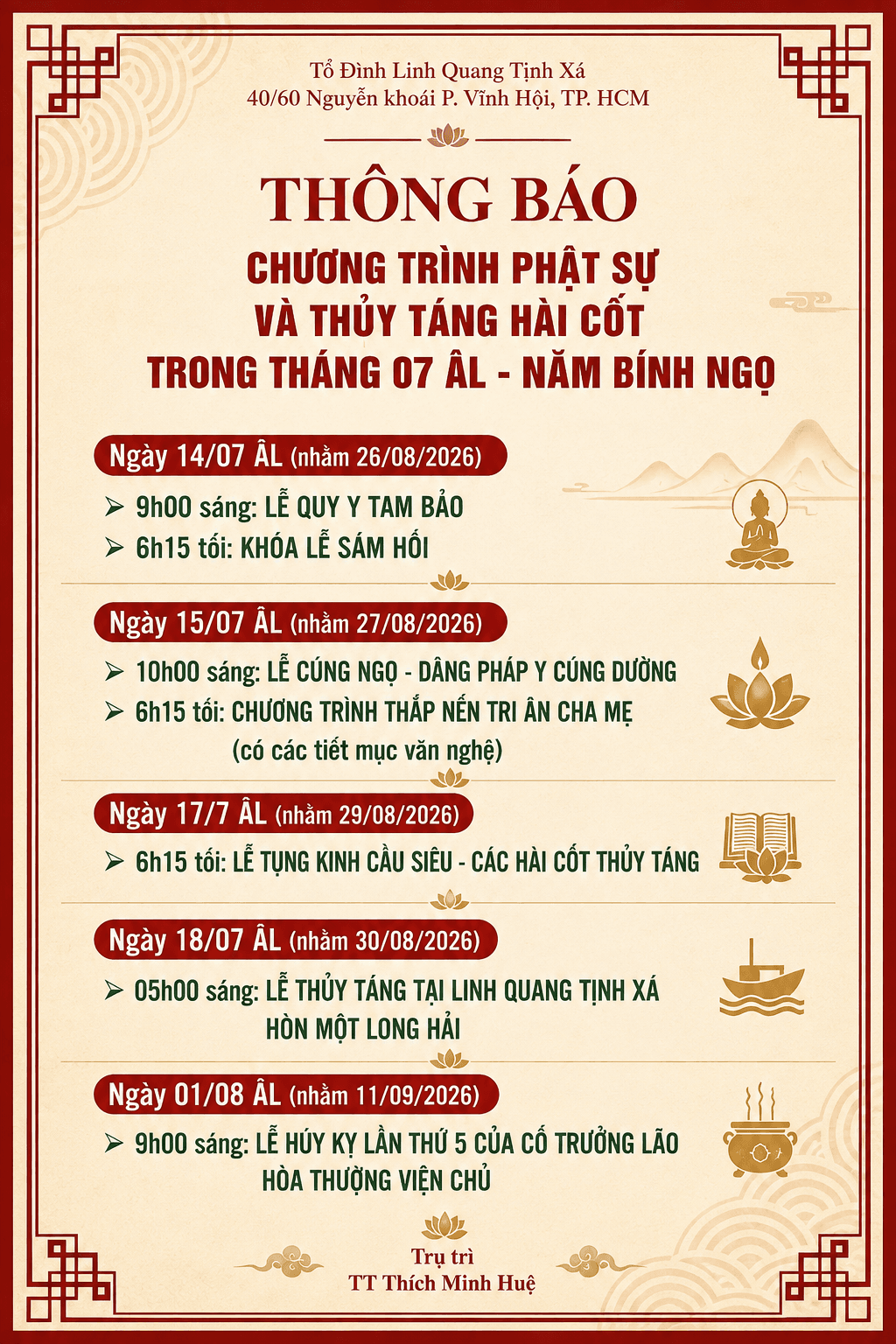 THÔNG BÁO CHƯƠNG TRÌNH PHẬT SỰ VÀ THỦY TÁNG HÀI CỐT THÁNG 07 ÂM LỊCH – NĂM BÍNH NGỌ